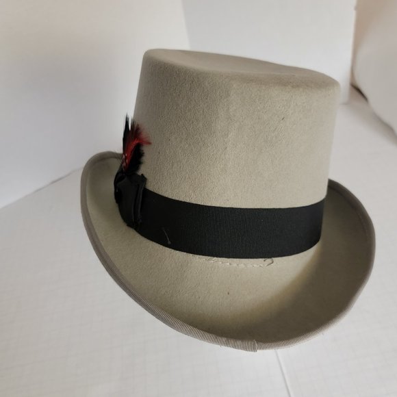 Hats in the Belfry Gray Wool Top Hat w Red Black Feather 100% Wool Large - Picture 5 of 12